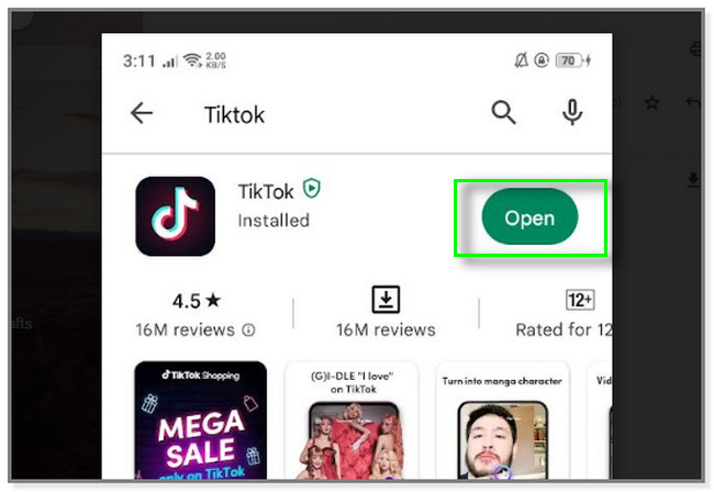 Aç düğmesi, TikTok uygulamasının sağ tarafında açılır