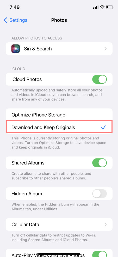 iPhoneストレージの最適化をオフにする