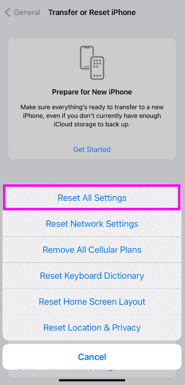 select reset all settings