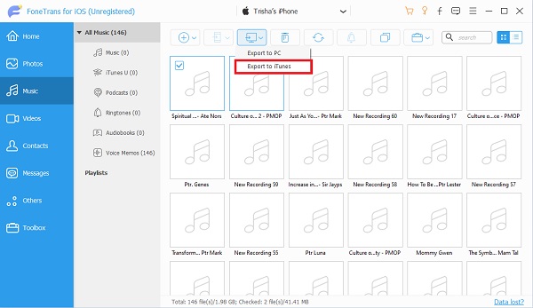 klikněte na Exportovat do iTunes