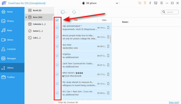 select all the notes