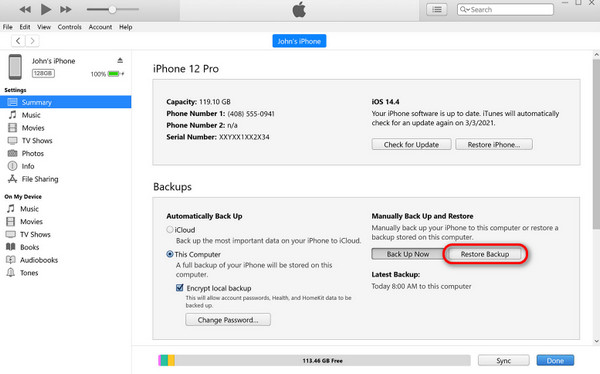 restore backups on itunes