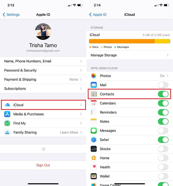 choisissez iCloud et autorisez l'option Contacts