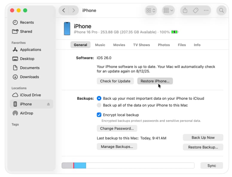 Finder or iTunes Restore