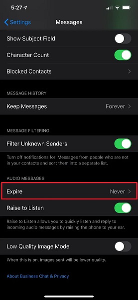 tap Expire below Audio Messages