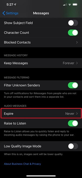 tap Expire below Audio Messages