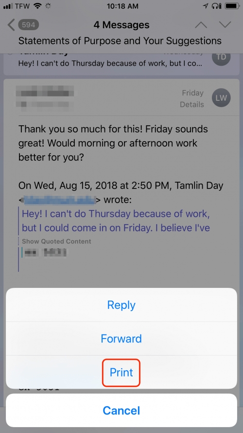 iMessage nyomtatása iPhone-ról e-maillel