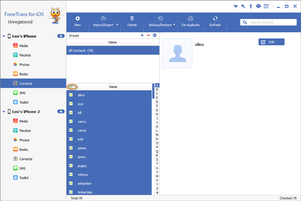 Select contacts to transfer