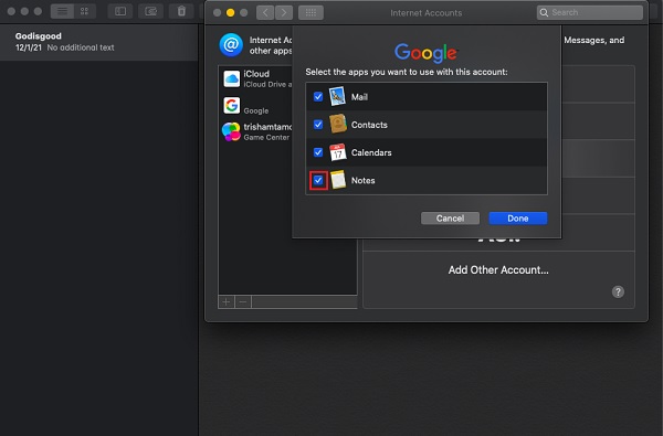 Ativando o Notes Sync para Gmail no Mac