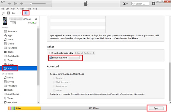 Synchroniser les notes de l'iPhone vers le Mac avec iTunes