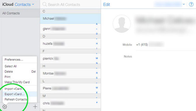 Export iCloud contacts from the official site