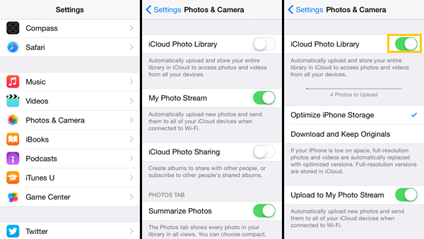 desligue a biblioteca de fotos do icloud