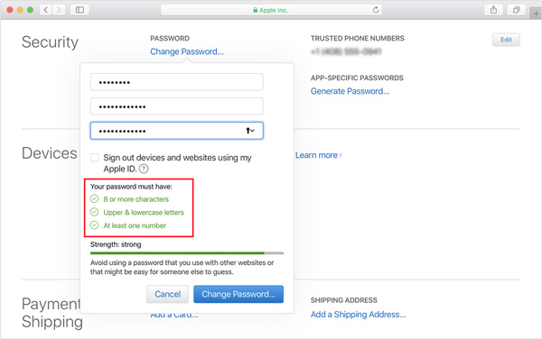 requisitos de senha apple id