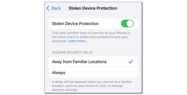 Toggle On Stolen Device Protection Slider
