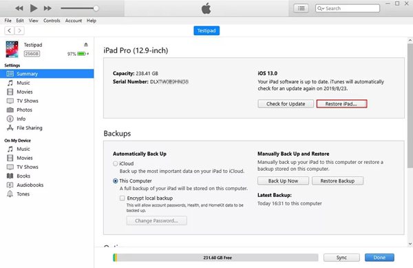 backup przywracania iPada z iTunes