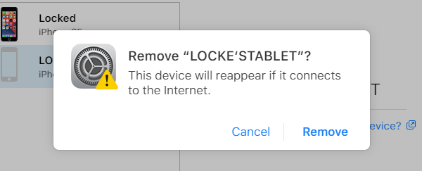 click remove to confirm removing the device from apple id
