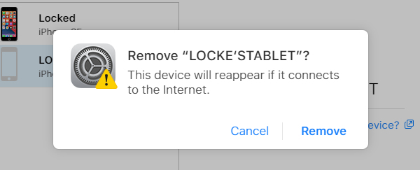 κάντε κλικ στο remove για να επιβεβαιώσετε την κατάργηση της συσκευής από το αναγνωριστικό της apple