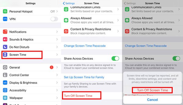 default way to turn off screen time on iphone