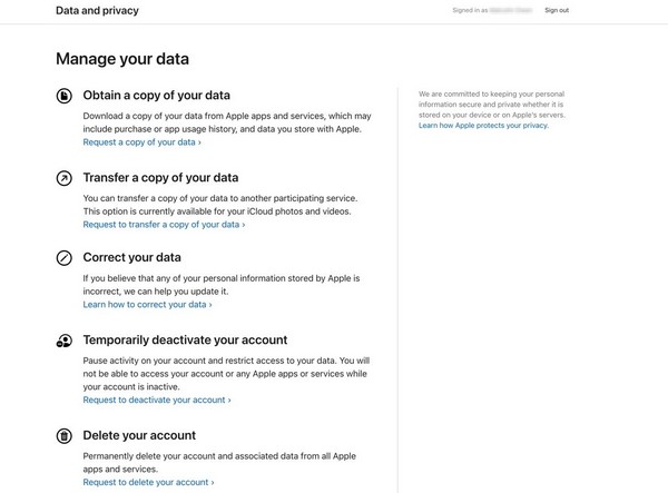 smazat účet prostřednictvím webové stránky ochrany osobních údajů účtu Apple