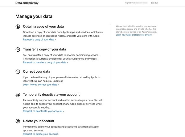 delete account via apple account privacy website