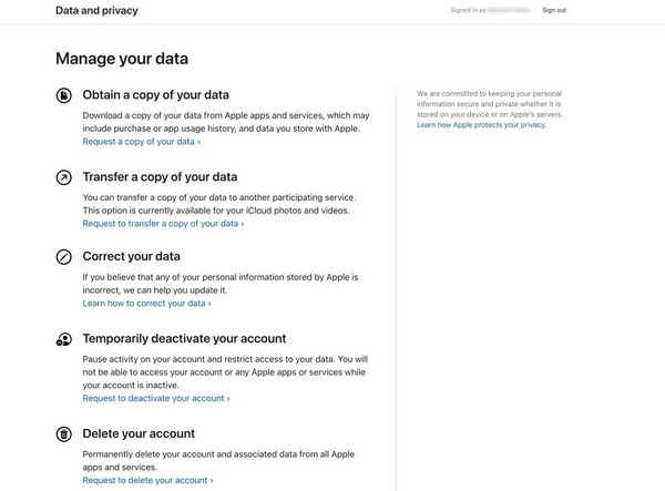 supprimer un compte via le site Web de confidentialité des comptes Apple