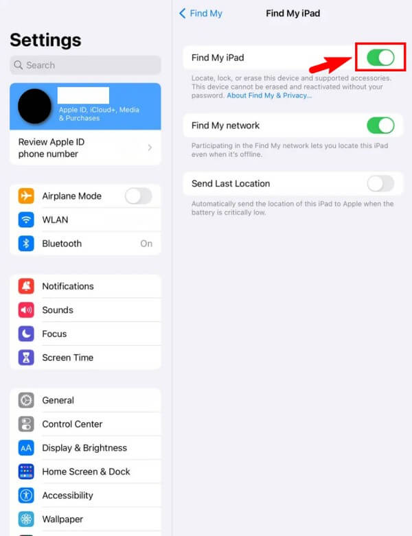 Toggle off the Find My iPad option