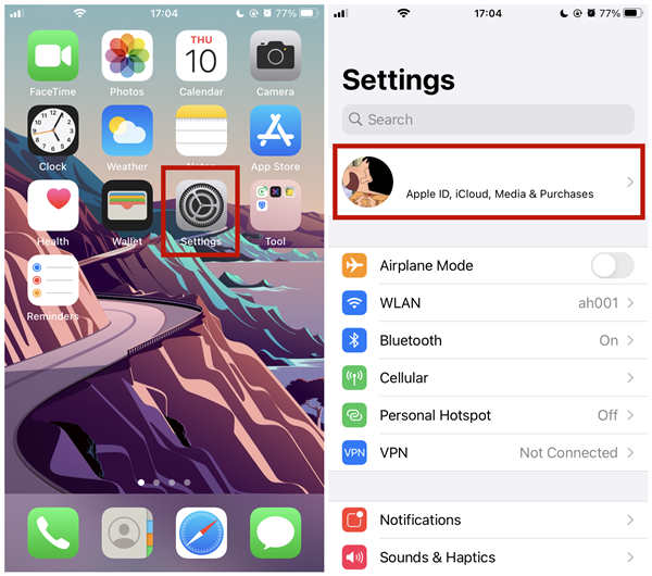 enter ios settings and tap your name