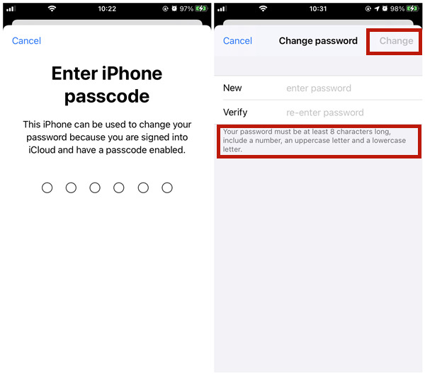 ingrese el código de acceso y actualice la contraseña de identificación de Apple