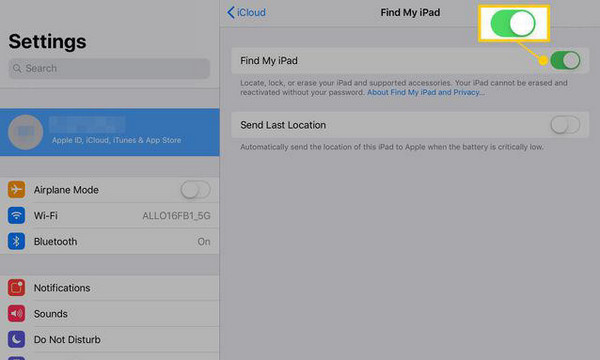 turn on find my ipad