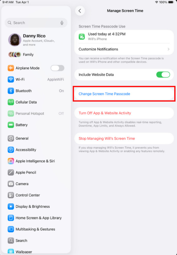 Tap Change Screen Time Passcode Button