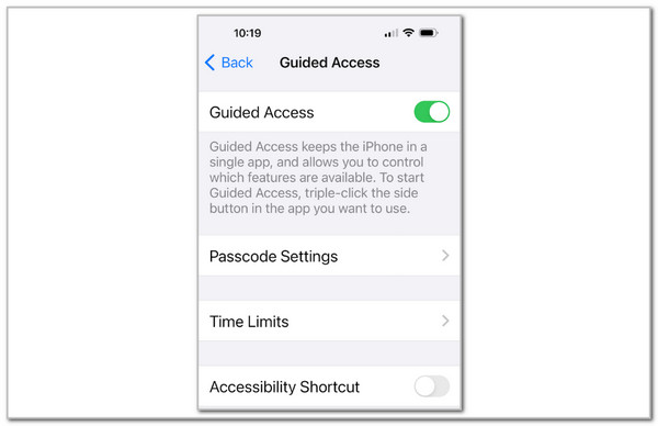 toggle on guided access switch