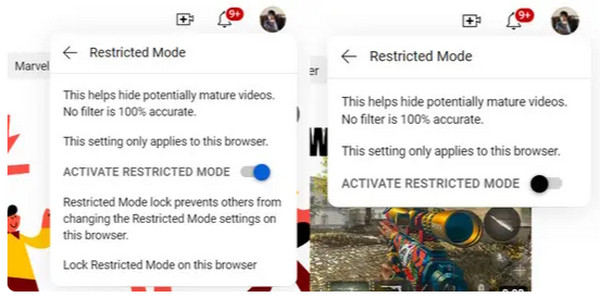 Toggle Off Activate Restricted Mode