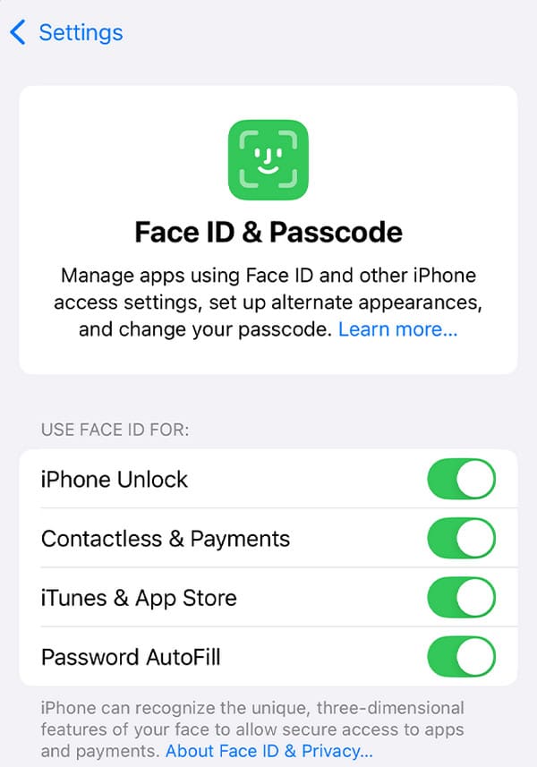 check face id settings