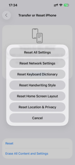 reset all content and settings