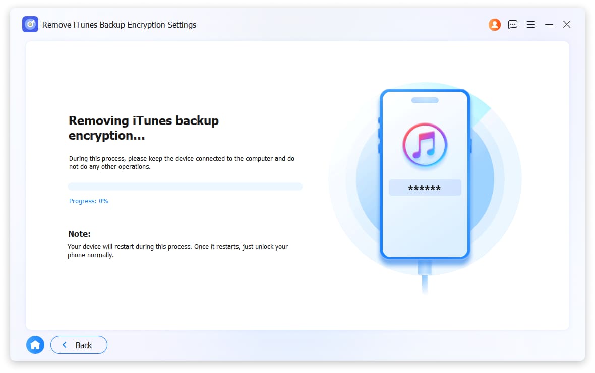 removing itunes backup enctyption settings