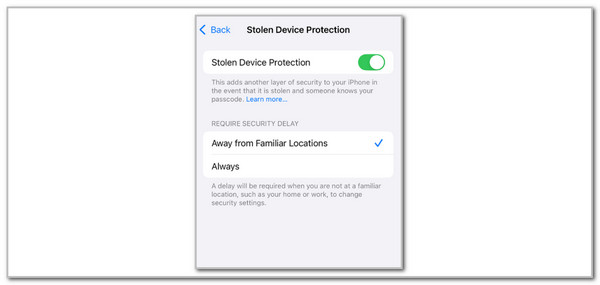 toggle on stolen device protection on iphone