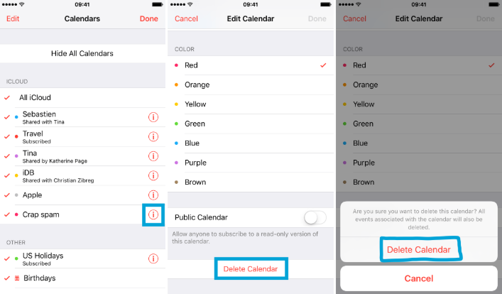 Remove the spam account from the Calendar app