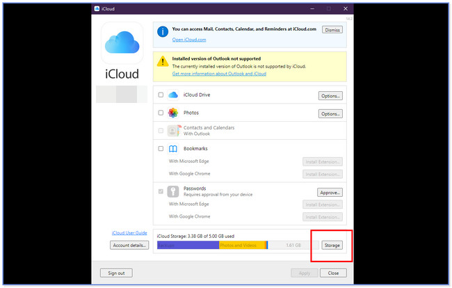 щелкните хранилище в icloud windows