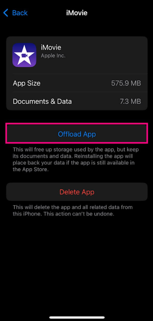 the offload and delete options for the app