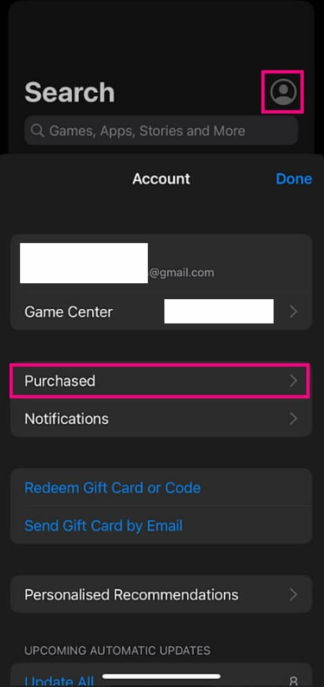 tap the Purchased tab from the list of options