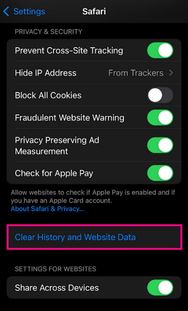 select the Clear History and Website Data option