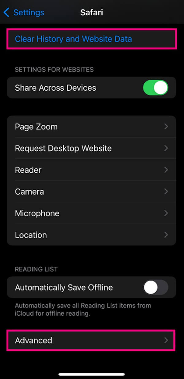tap the Clear History and Website Data tab