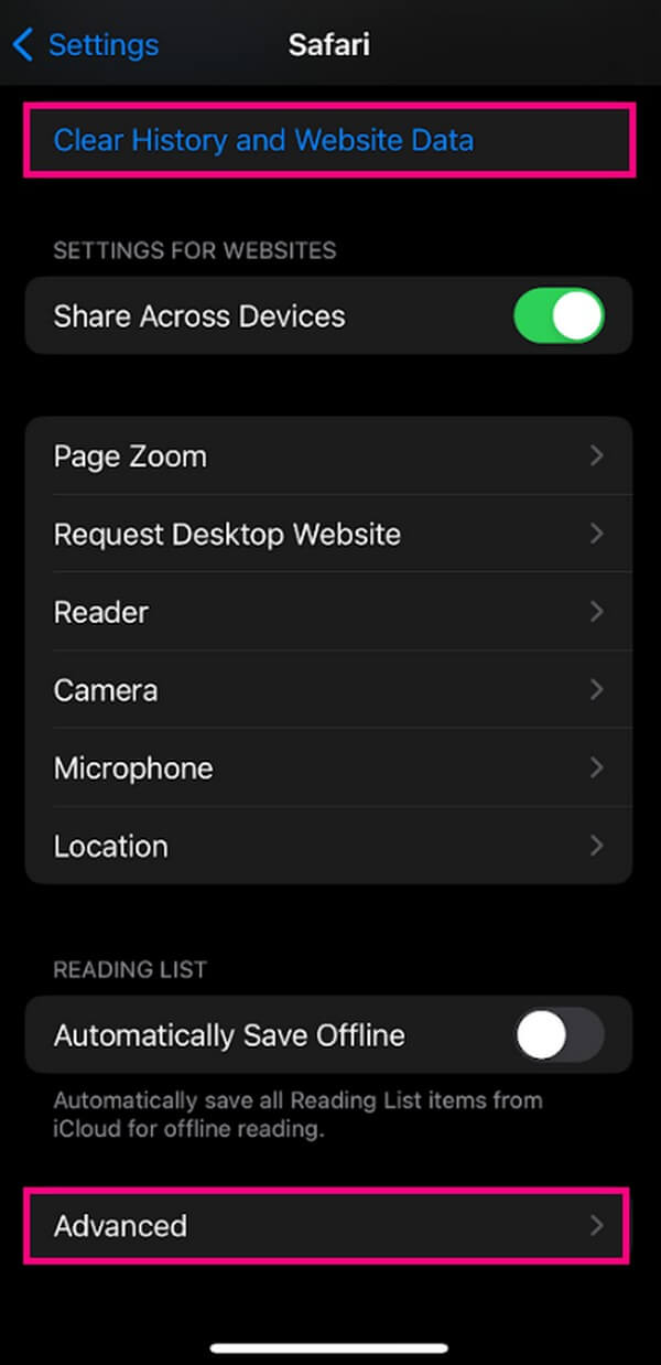 tap the Clear History and Website Data tab