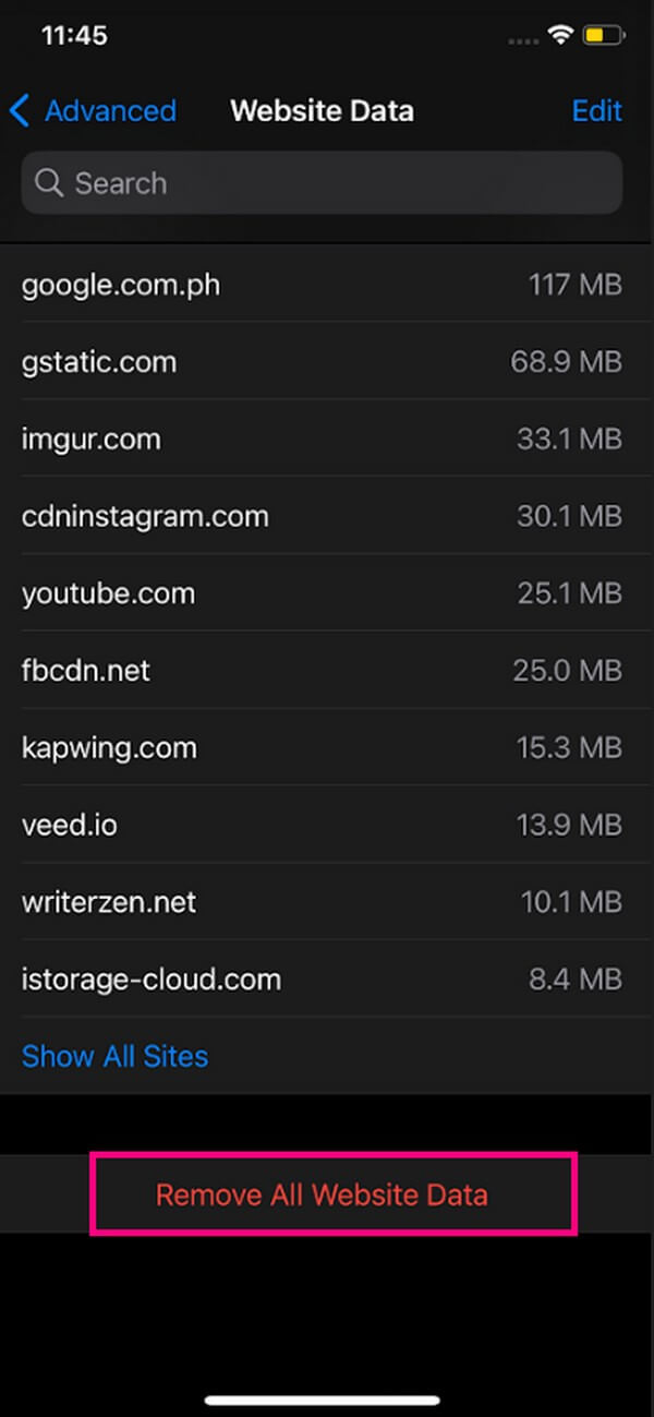 Toque la opción Eliminar todos los datos del sitio web