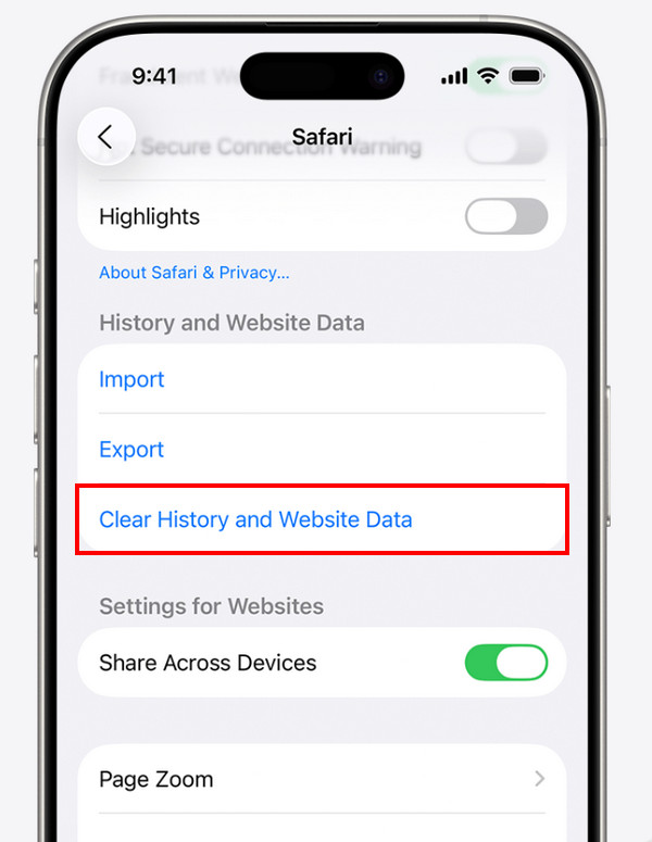 Tap Clear History And Website Data Button