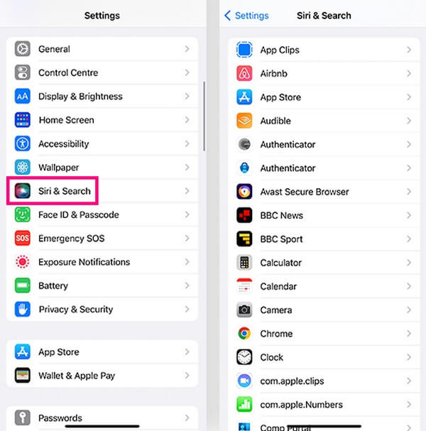 searching access siri and search tab