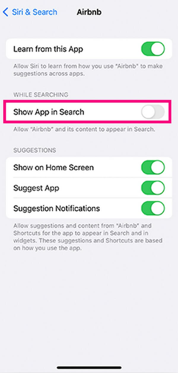 toggle off show app in search