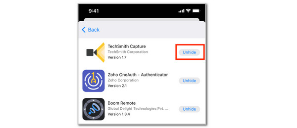 Tap Unhide Button
