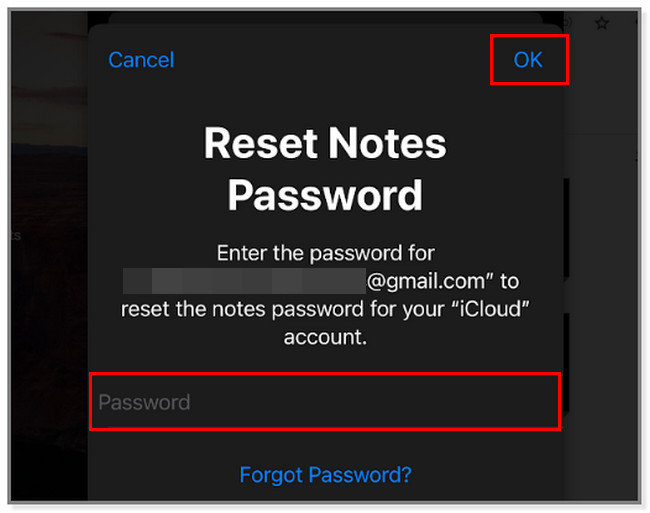 The Reset Notes Password screen