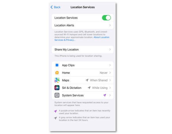 Toggle Off Location Services Slider